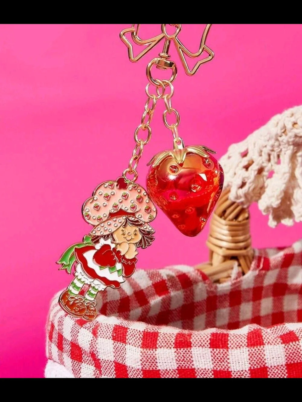 Strawberry Shortcake Enamel Charm Keychain with Resin Strawberry